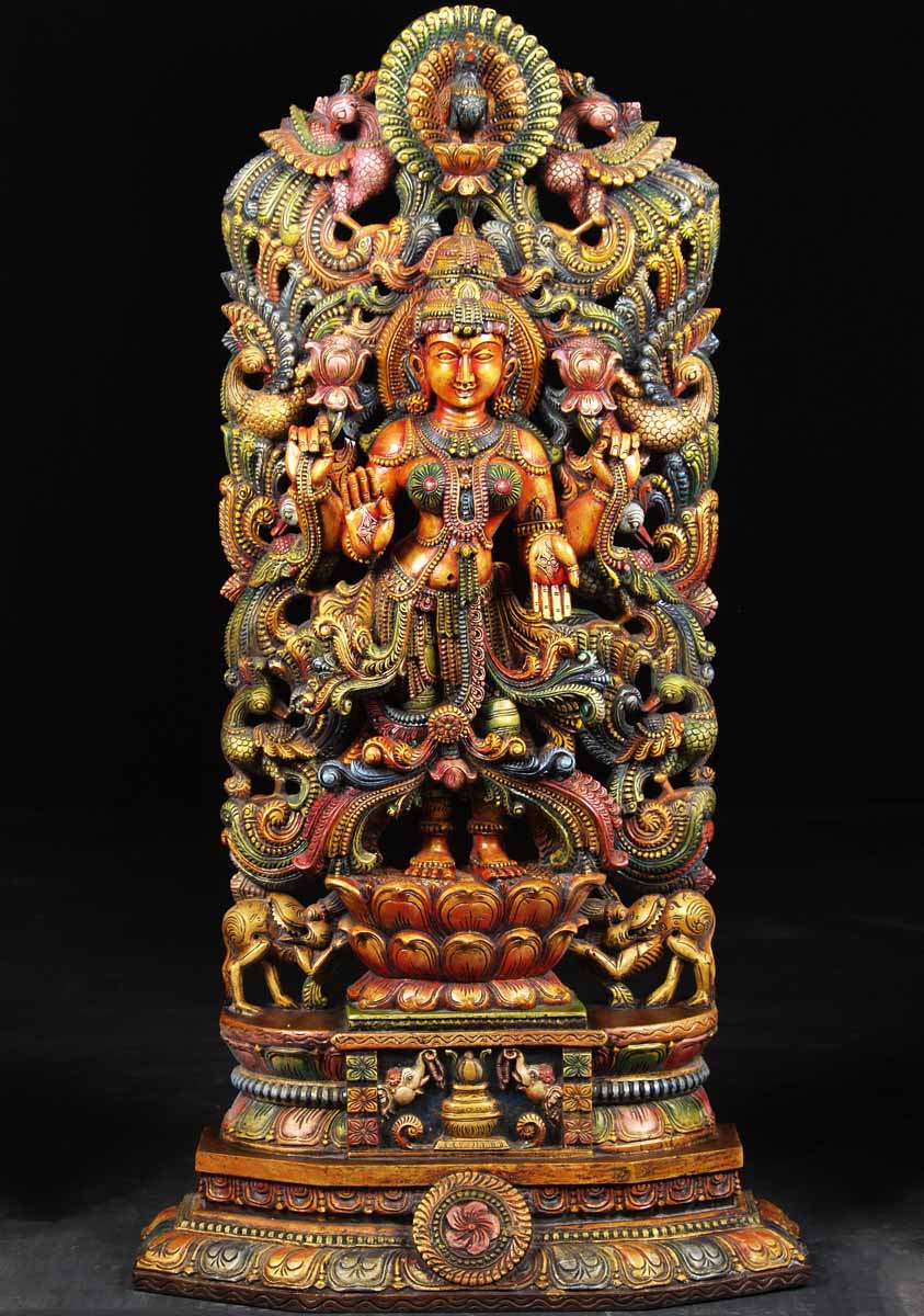 Wooden Kodi Peacock Lakshmi Statue  54"